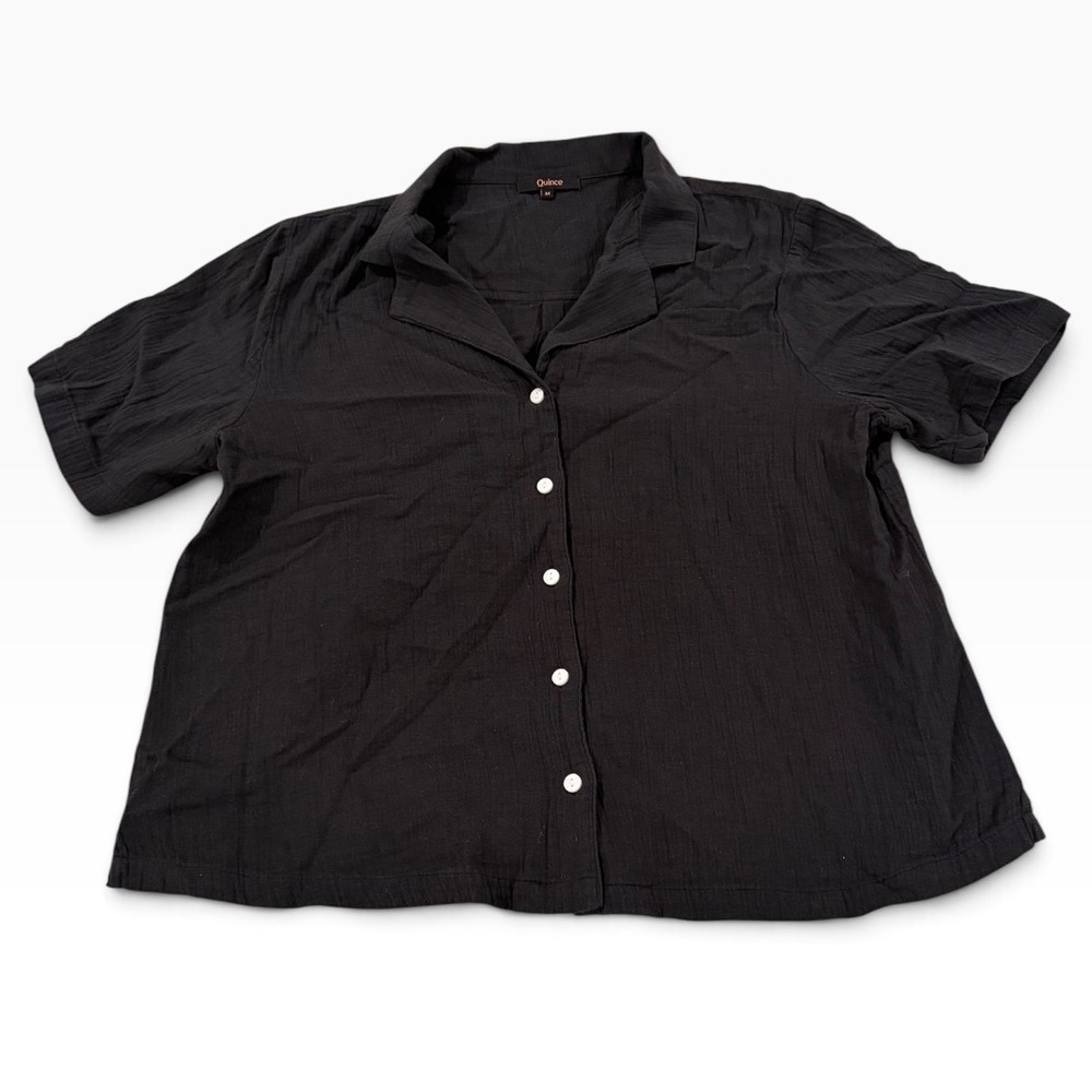 Quince Women Black 100% Organic Cotton Gauze Short Sleeve Button Down Shirt M
